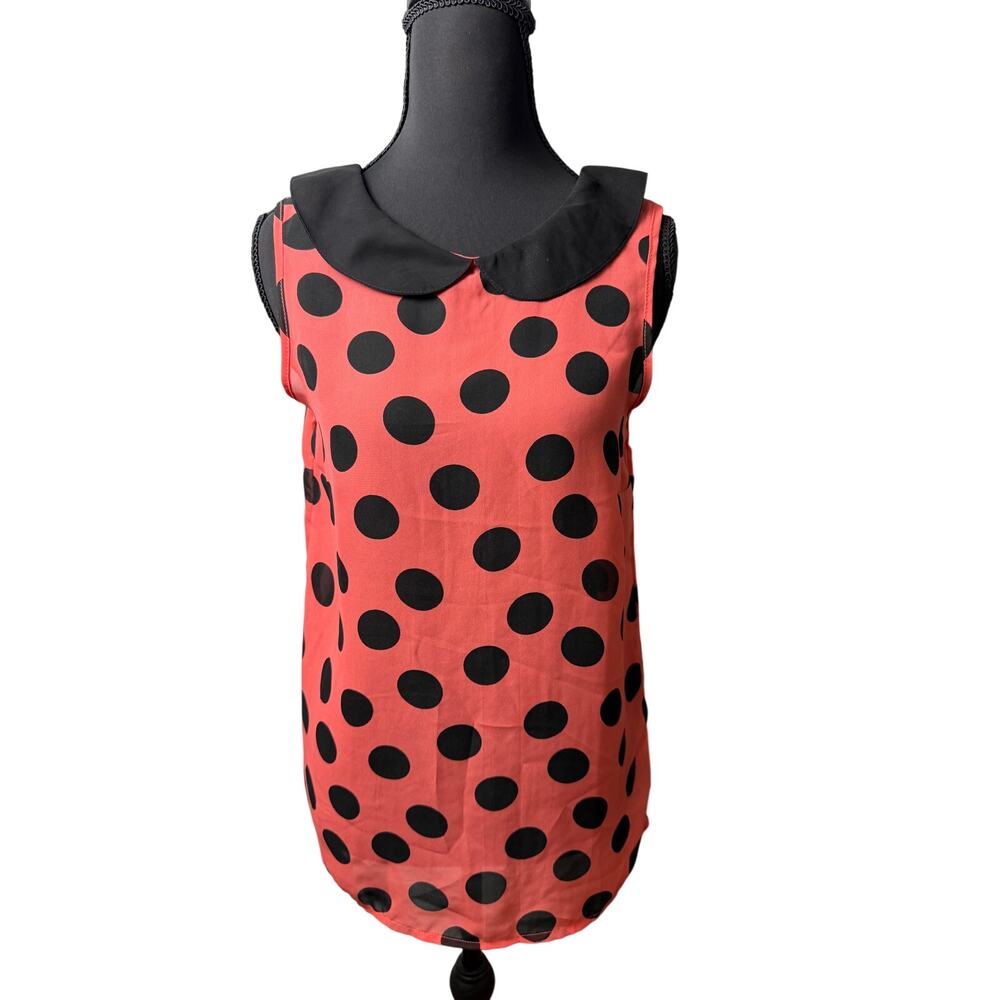 TRUTH NYC Sheer Polkadot Top Peter Pan Collar Pink Black Mod Retro Ladybug Sm